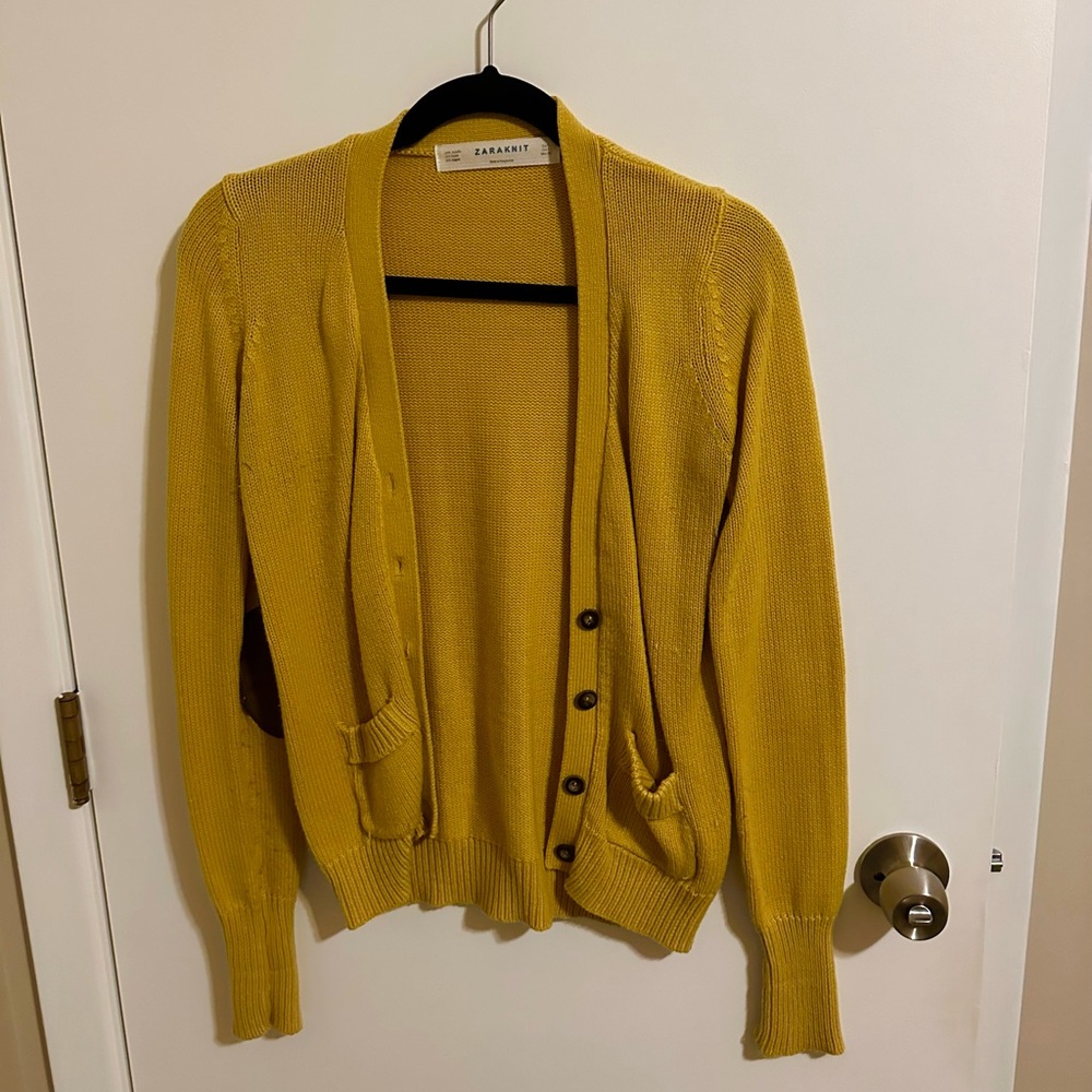 Vibrant yellow Zaraknit cardigan, size small, from Greece—stylish and unique!